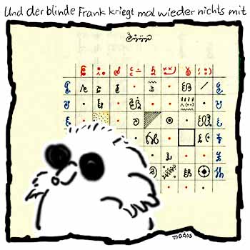 Code, Codex, gelb, Matrix, Rtsel, Schach, Schriftzeichen, Spiel, Tabelle, Zeichen – Und der blinde Frank kriegt mal wieder nichts mit – © Thiemo Kreuz