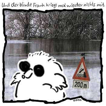 200, 200 m, Fluss, Flut, Hochwasser, Verkehrszeichen, Wasser – Und der blinde Frank kriegt mal wieder nichts mit – © Thiemo Kreuz