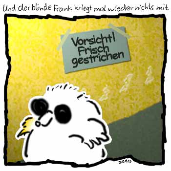 Ausschilderung, Farbe, Fingerabdrcke, frisch gestrichen, gelb, gestrichen, Schild, T$, Vorsicht, Wand – Und der blinde Frank kriegt mal wieder nichts mit – © Thiemo Kreuz